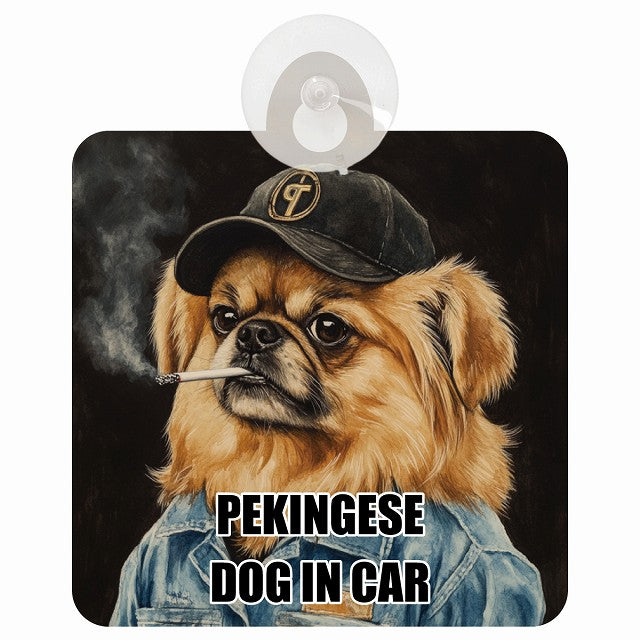 PEKINGESE ペキニーズ DOG IN CAR 作業服 ちょい悪 車用吸盤付サイン 12.4x14.6cm