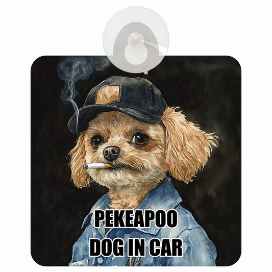 PEKEAPOO ペキプー DOG IN CAR 作業服 ちょい悪 車用吸盤付サイン 12.4x14.6cm