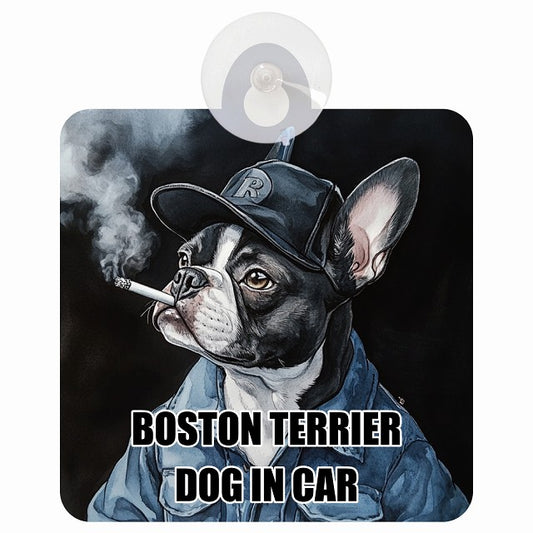 BOSTON TERRIER ボストンテリア DOG IN CAR 作業服 ちょい悪 車用吸盤付サイン 12.4x14.6cm