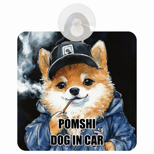 POMSHI ポメ柴 DOG IN CAR 作業服 ちょい悪 車用吸盤付サイン 12.4x14.6cm