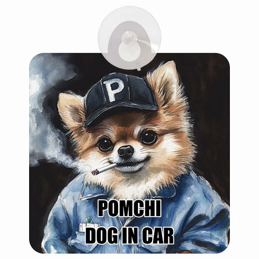 POMCHI ポメチワ DOG IN CAR 作業服 ちょい悪 車用吸盤付サイン 12.4x14.6cm