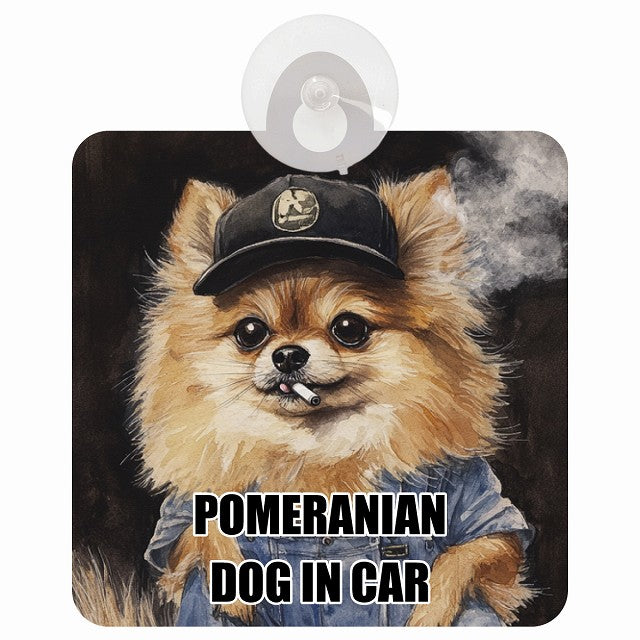 POMERANIAN ポメラニアン DOG IN CAR 作業服 ちょい悪 車用吸盤付サイン 12.4x14.6cm