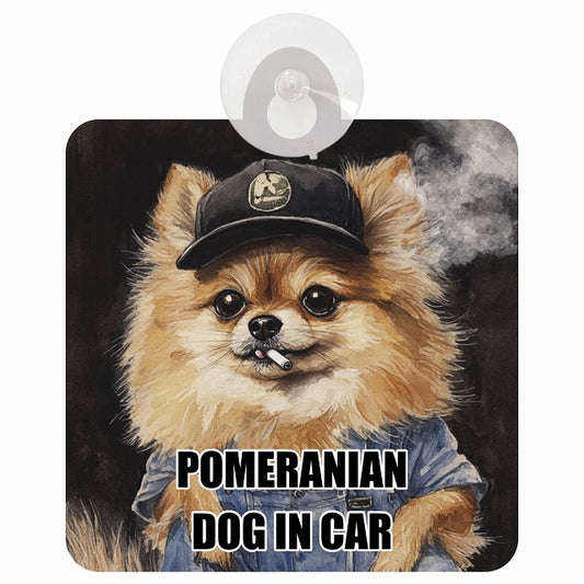 POMERANIAN ポメラニアン DOG IN CAR 作業服 ちょい悪 車用吸盤付サイン 12.4x14.6cm