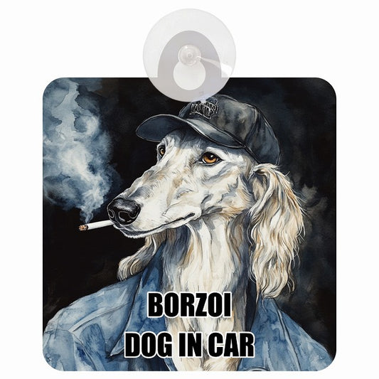 BORZOI ボルゾイ DOG IN CAR 作業服 ちょい悪 車用吸盤付サイン 12.4x14.6cm