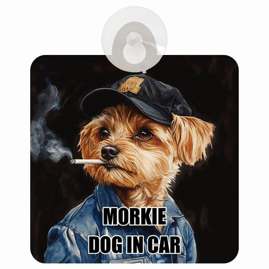 MORKIE マルーキー DOG IN CAR 作業服 ちょい悪 車用吸盤付サイン 12.4x14.6cm