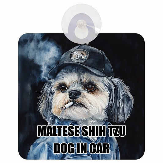 MALTESE SHIH TZU マルシーズー DOG IN CAR 作業服 ちょい悪 車用吸盤付サイン 12.4x14.6cm
