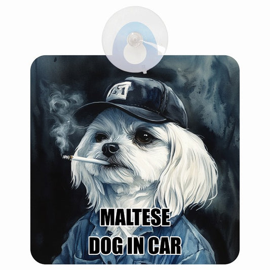 MALTESE マルチーズ DOG IN CAR 作業服 ちょい悪 車用吸盤付サイン 12.4x14.6cm