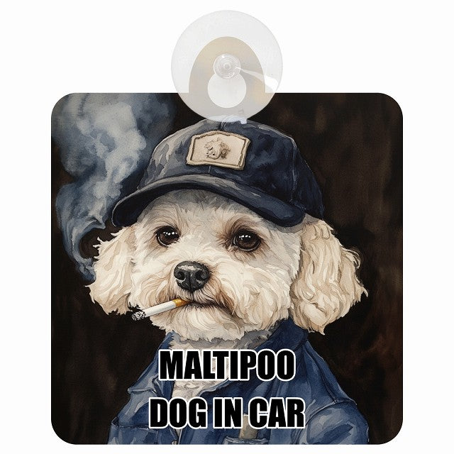 MALTIPOO マルプー DOG IN CAR 作業服 ちょい悪 車用吸盤付サイン 12.4x14.6cm