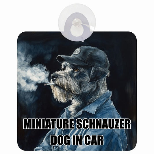MINIATURE SCHNAUZER ミニチュアシュナウザー DOG IN CAR 作業服 ちょい悪 車用吸盤付サイン 12.4x14.6cm