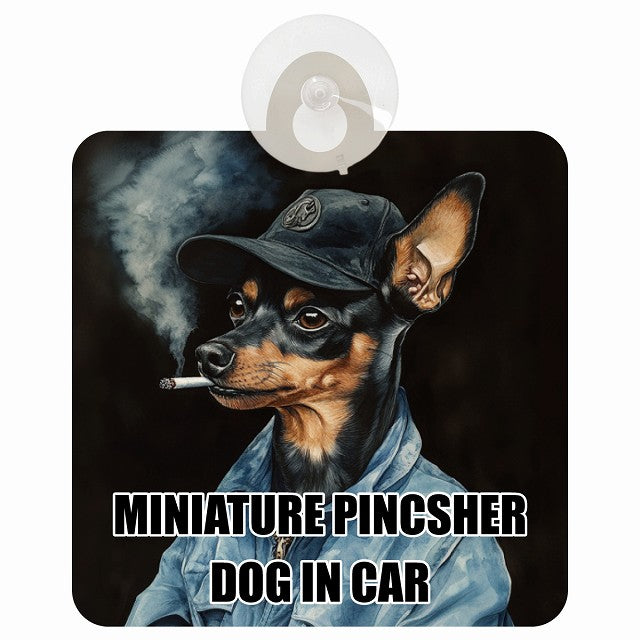 MINIATURE PINSCHER ミニチュアピンシャー DOG IN CAR 作業服 ちょい悪 車用吸盤付サイン 12.4x14.6cm