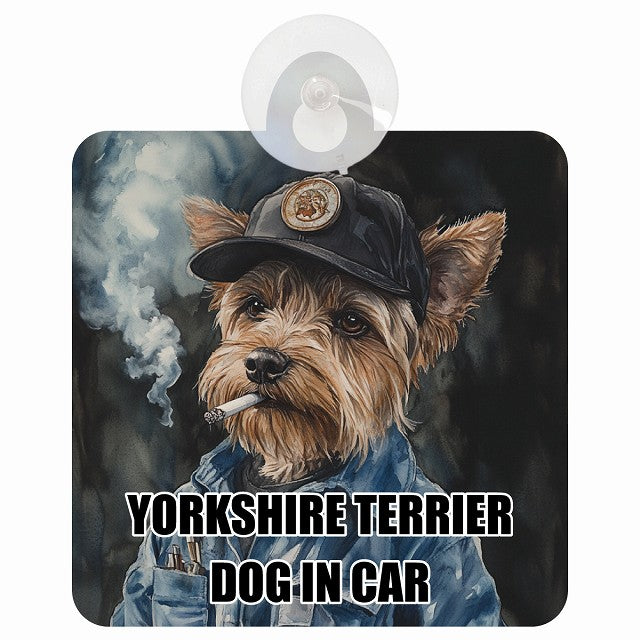 YORKSHIRE TERRIER ヨークシャテリア DOG IN CAR 作業服 ちょい悪 車用吸盤付サイン 12.4x14.6cm