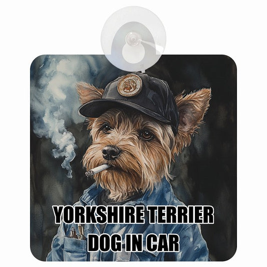 YORKSHIRE TERRIER ヨークシャテリア DOG IN CAR 作業服 ちょい悪 車用吸盤付サイン 12.4x14.6cm