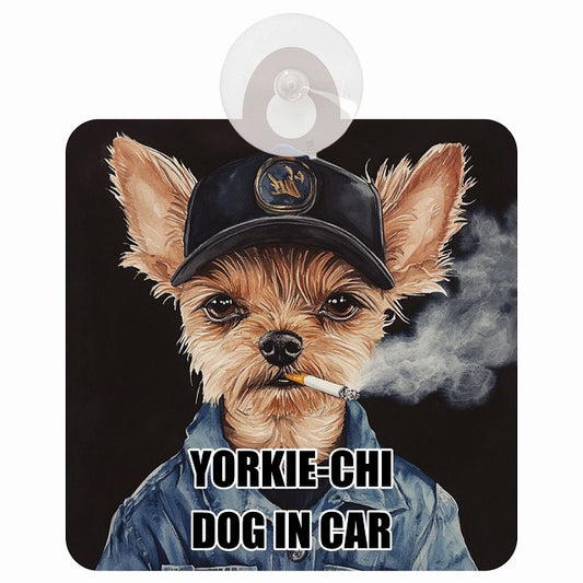 YORKIE-CHI ヨーチー DOG IN CAR 作業服 ちょい悪 車用吸盤付サイン 12.4x14.6cm