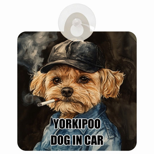 YORKIPOO ヨープー DOG IN CAR 作業服 ちょい悪 車用吸盤付サイン 12.4x14.6cm