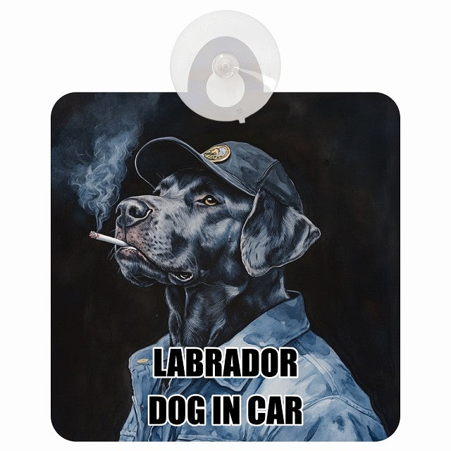 LABRADOR ラブラドール DOG IN CAR 作業服 ちょい悪 車用吸盤付サイン 12.4x14.6cm