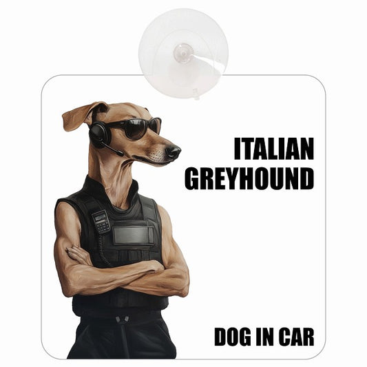 ITALIAN GREYHOUND イタリアングレーハウンド DOG IN CAR セキュリティガード風 ちょい悪 車用吸盤付サイン 12.4x14.6cm