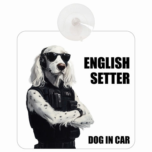 ENGLISH SETTER イングリッシュセッター DOG IN CAR セキュリティガード風 ちょい悪 車用吸盤付サイン 12.4x14.6cm