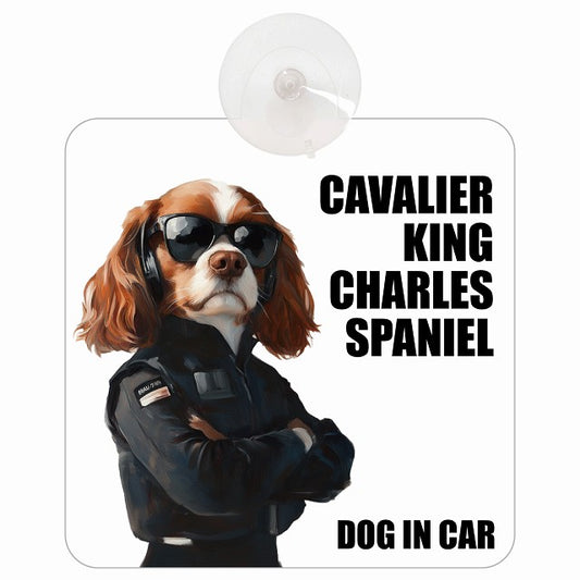 CAVALIER KING CHARLES SPANIEL キャバリアキングチャールズスパニエル DOG IN CAR セキュリティガード風 ちょい悪 車用吸盤付サイン 12.4x14.6cm