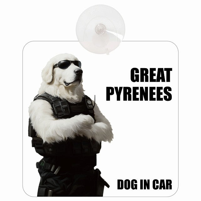 GREAT PYRENEES グレートピレニーズ DOG IN CAR セキュリティガード風 ちょい悪 車用吸盤付サイン 12.4x14.6cm