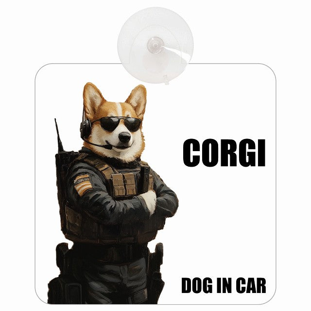 CORGI コーギー DOG IN CAR セキュリティガード風 ちょい悪 車用吸盤付サイン 12.4x14.6cm