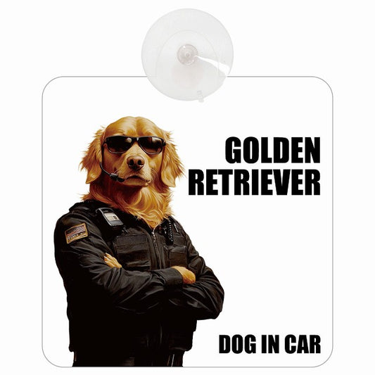 GOLDEN RETRIEVER ゴールデンレトリバー DOG IN CAR セキュリティガード風 ちょい悪 車用吸盤付サイン 12.4x14.6cm