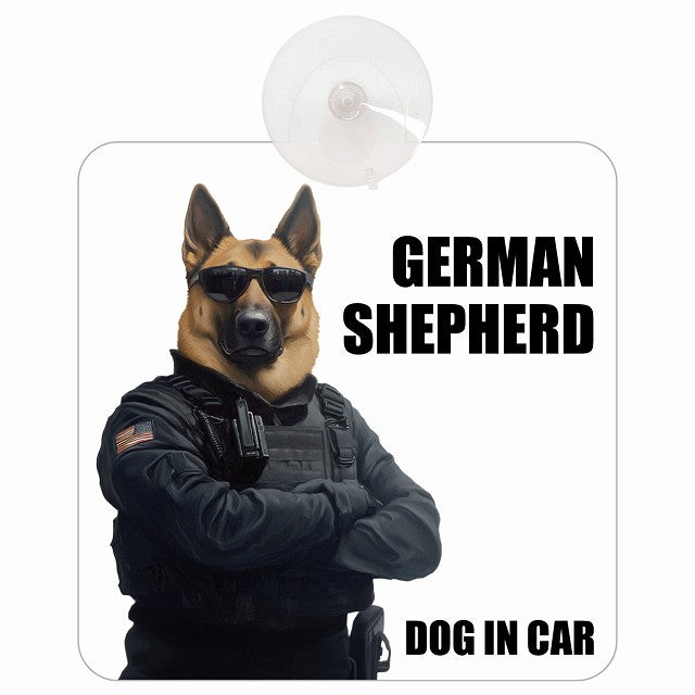 GERMAN SHEPHERD シェパード DOG IN CAR セキュリティガード風 ちょい悪 車用吸盤付サイン 12.4x14.6cm