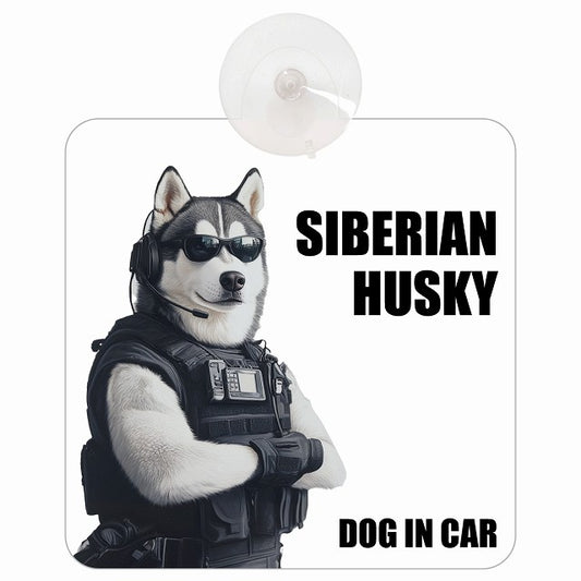 SIBERIAN HUSKY シベリアンハスキー DOG IN CAR セキュリティガード風 ちょい悪 車用吸盤付サイン 12.4x14.6cm