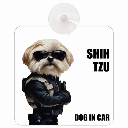 SHIH TZU シーズー DOG IN CAR セキュリティガード風 ちょい悪 車用吸盤付サイン 12.4x14.6cm