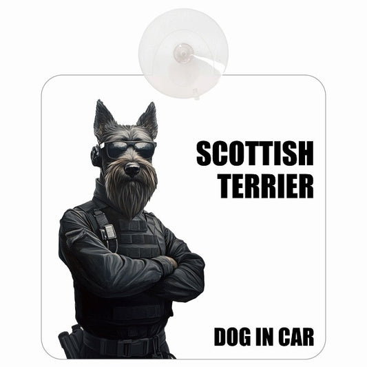 SCOTTISH TERRIER スコティッシュテリア DOG IN CAR セキュリティガード風 ちょい悪 車用吸盤付サイン 12.4x14.6cm