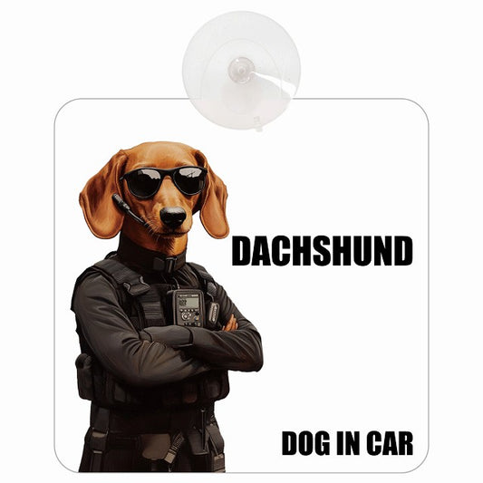 DACHSHUND ダックスフント DOG IN CAR セキュリティガード風 ちょい悪 車用吸盤付サイン 12.4x14.6cm