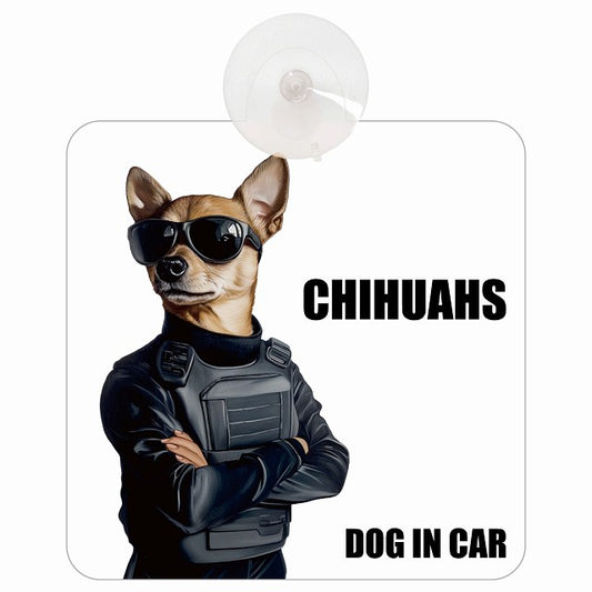 CHIHUAHS チワックス DOG IN CAR セキュリティガード風 ちょい悪 車用吸盤付サイン 12.4x14.6cm
