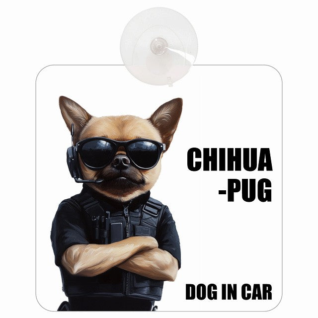 CHIHUAPUG チワパグ DOG IN CAR セキュリティガード風 ちょい悪 車用吸盤付サイン 12.4x14.6cm