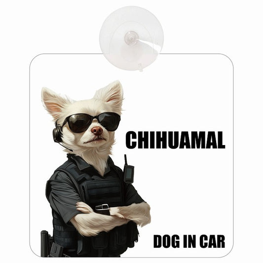 CHIHUAMAL チワマル DOG IN CAR セキュリティガード風 ちょい悪 車用吸盤付サイン 12.4x14.6cm
