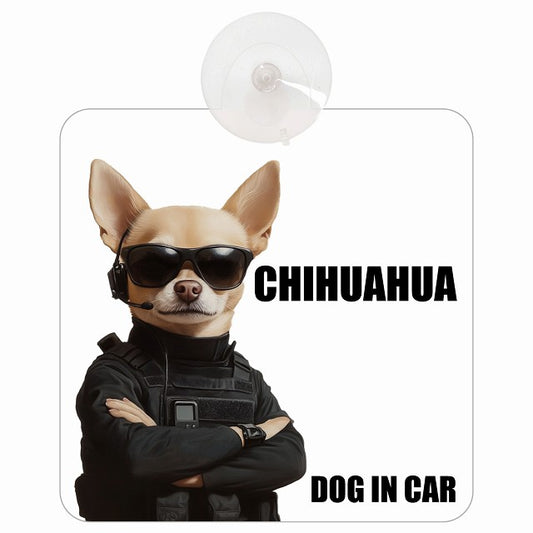 CHIHUAHUA チワワ DOG IN CAR セキュリティガード風 ちょい悪 車用吸盤付サイン 12.4x14.6cm