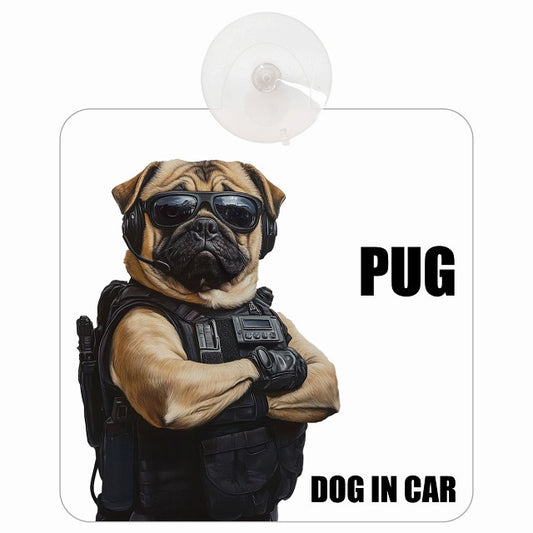 PUG パグ DOG IN CAR セキュリティガード風 ちょい悪 車用吸盤付サイン 12.4x14.6cm