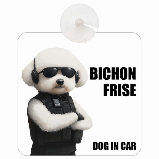BICHON FRISE ビションフリーゼ DOG IN CAR セキュリティガード風 ちょい悪 車用吸盤付サイン 12.4x14.6cm