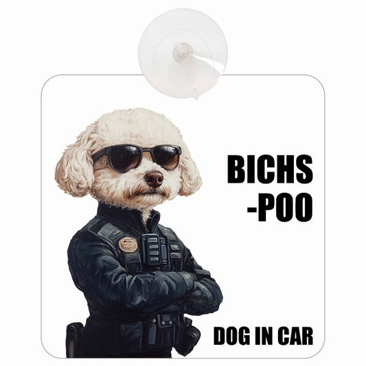 BICHSPOO ビションプー DOG IN CAR セキュリティガード風 ちょい悪 車用吸盤付サイン 12.4x14.6cm