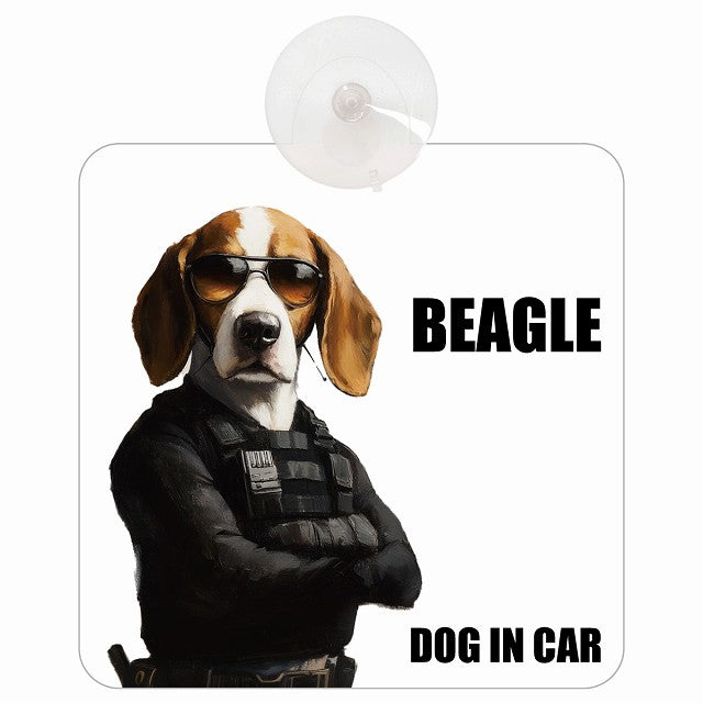 BEAGLE ビーグル DOG IN CAR セキュリティガード風 ちょい悪 車用吸盤付サイン 12.4x14.6cm