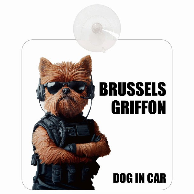 BRUSSELS GRIFFON ブリュッセル・グリフォン DOG IN CAR セキュリティガード風 ちょい悪 車用吸盤付サイン 12.4x14.6cm