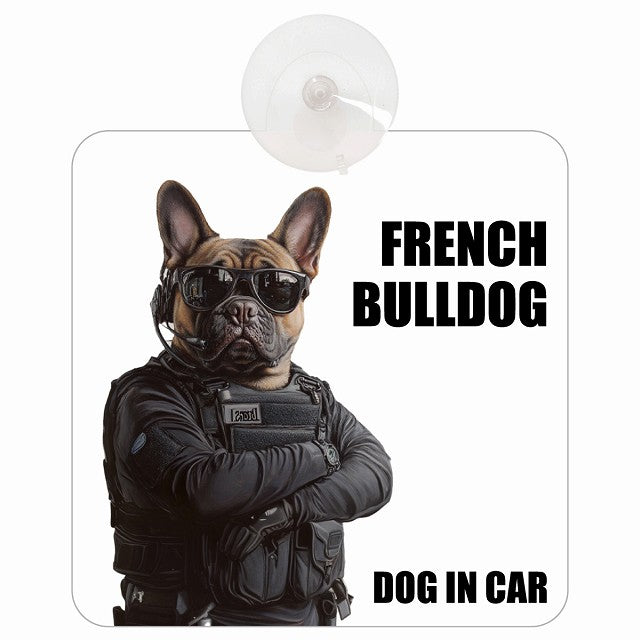 FRENCH BULLDOG フレンチブルドッグ DOG IN CAR セキュリティガード風 ちょい悪 車用吸盤付サイン 12.4x14.6cm