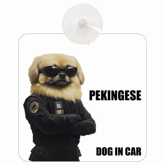 PEKINGESE ペキニーズ DOG IN CAR セキュリティガード風 ちょい悪 車用吸盤付サイン 12.4x14.6cm