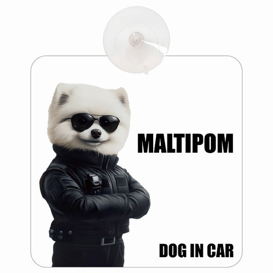 MALTIPOM ポメマル DOG IN CAR セキュリティガード風 ちょい悪 車用吸盤付サイン 12.4x14.6cm