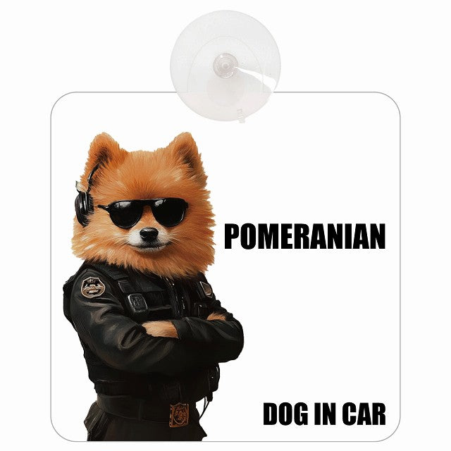 POMERANIAN ポメラニアン DOG IN CAR セキュリティガード風 ちょい悪 車用吸盤付サイン 12.4x14.6cm