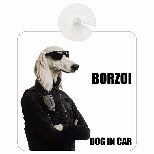 BORZOI ボルゾイ DOG IN CAR セキュリティガード風 ちょい悪 車用吸盤付サイン 12.4x14.6cm