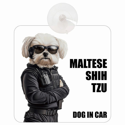 MALTESE SHIH TZU マルシーズー DOG IN CAR セキュリティガード風 ちょい悪 車用吸盤付サイン 12.4x14.6cm