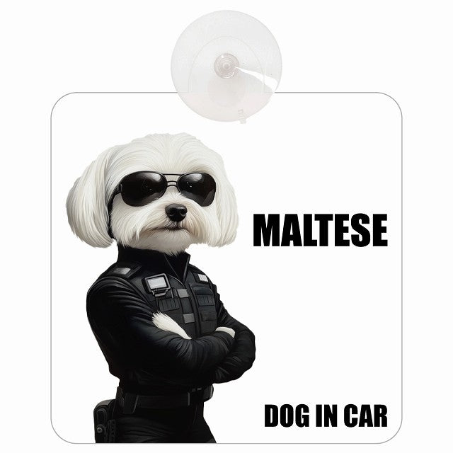 MALTESE マルチーズ DOG IN CAR セキュリティガード風 ちょい悪 車用吸盤付サイン 12.4x14.6cm