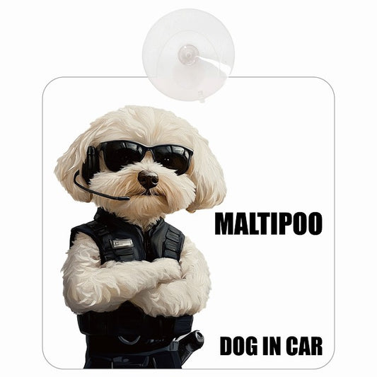 MALTIPOO マルプー DOG IN CAR セキュリティガード風 ちょい悪 車用吸盤付サイン 12.4x14.6cm
