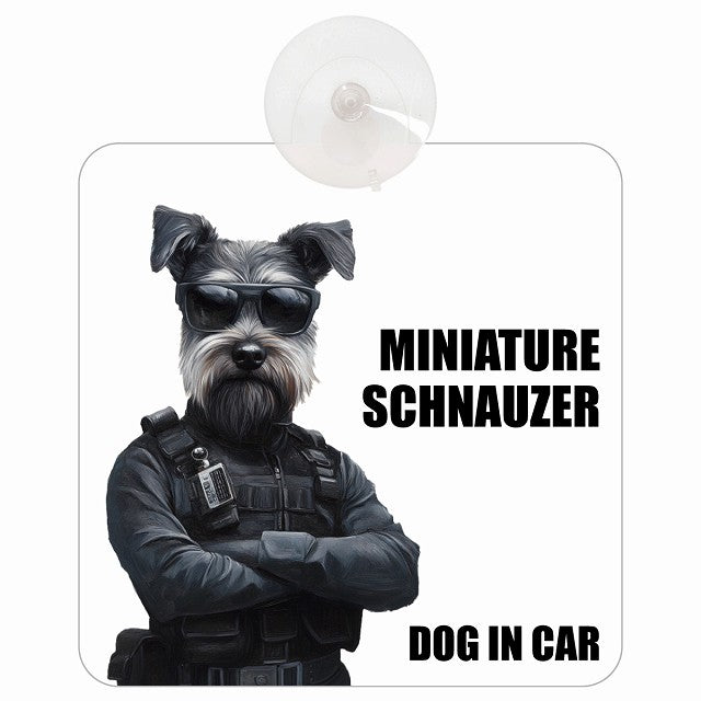MINIATURE SCHNAUZER ミニチュアシュナウザー DOG IN CAR セキュリティガード風 ちょい悪 車用吸盤付サイン 12.4x14.6cm