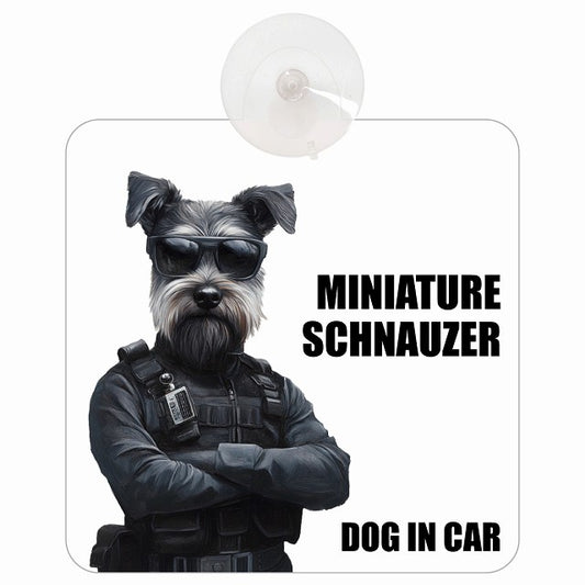 MINIATURE SCHNAUZER ミニチュアシュナウザー DOG IN CAR セキュリティガード風 ちょい悪 車用吸盤付サイン 12.4x14.6cm