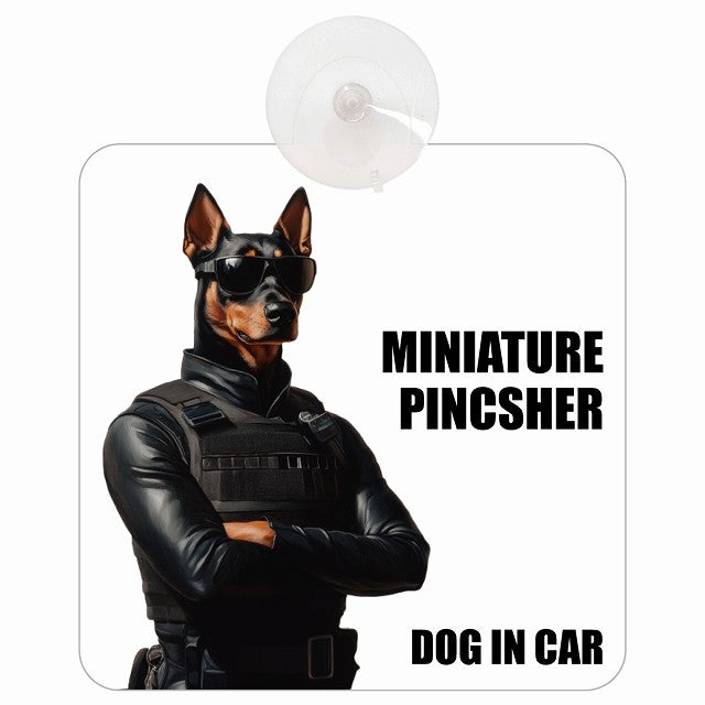 MINIATURE PINSCHER ミニチュアピンシャー DOG IN CAR セキュリティガード風 ちょい悪 車用吸盤付サイン 12.4x14.6cm